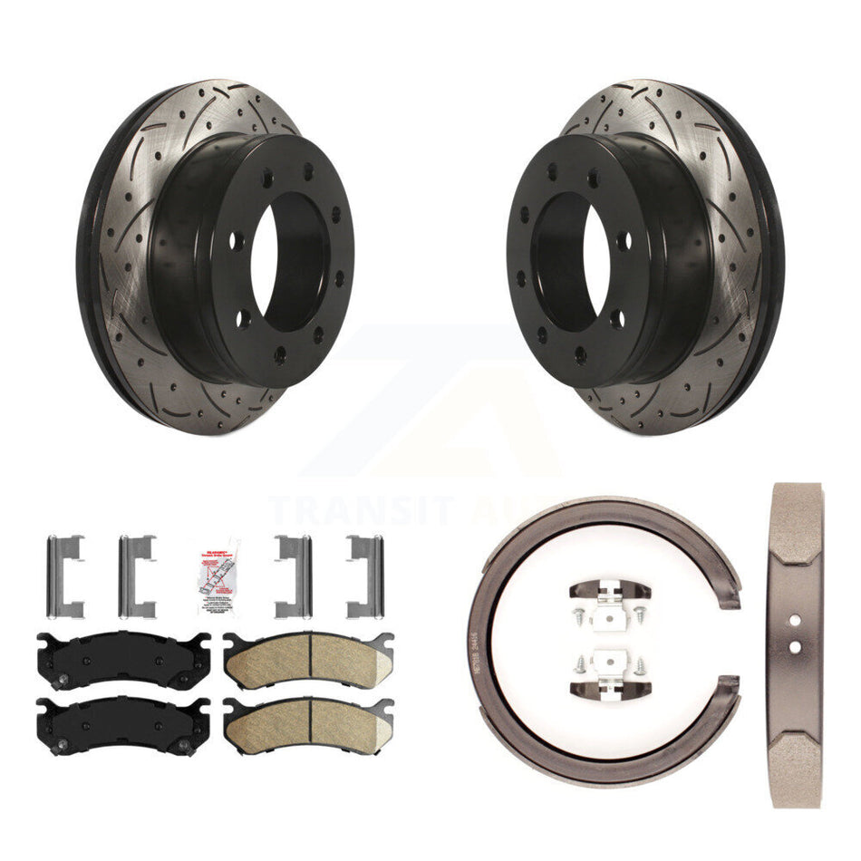 Rear Disc Drilled & Slotted Rotors Ceramic Pads Parking Shoes Kit For GMC Sierra 2500 XL KDA-103528