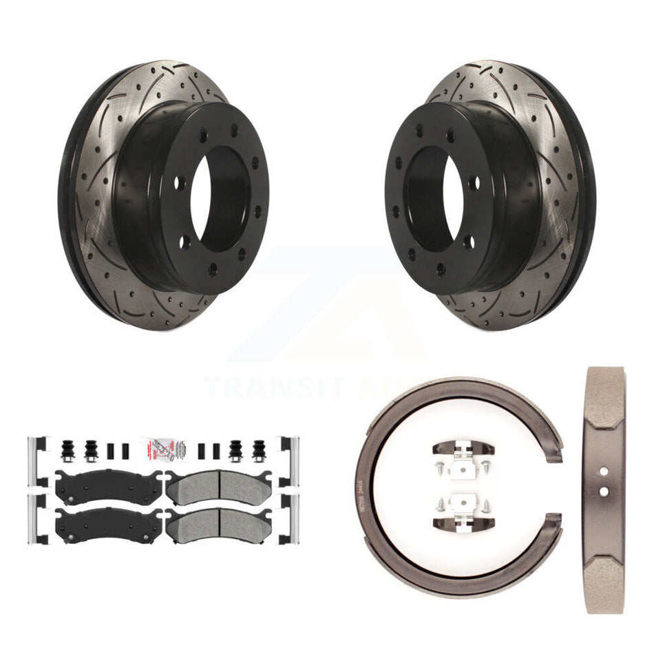 Rear Disc Drilled & Slotted Rotors Semi-Metallic Pads Parking Shoes Kit For GMC Sierra XL KDA-103529