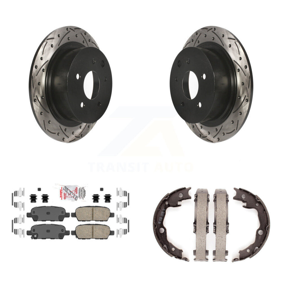 Rear Disc Drilled & Slotted Rotors Ceramic Pads Parking Brake Shoes Kit For Nissan Sentra KDA-103532