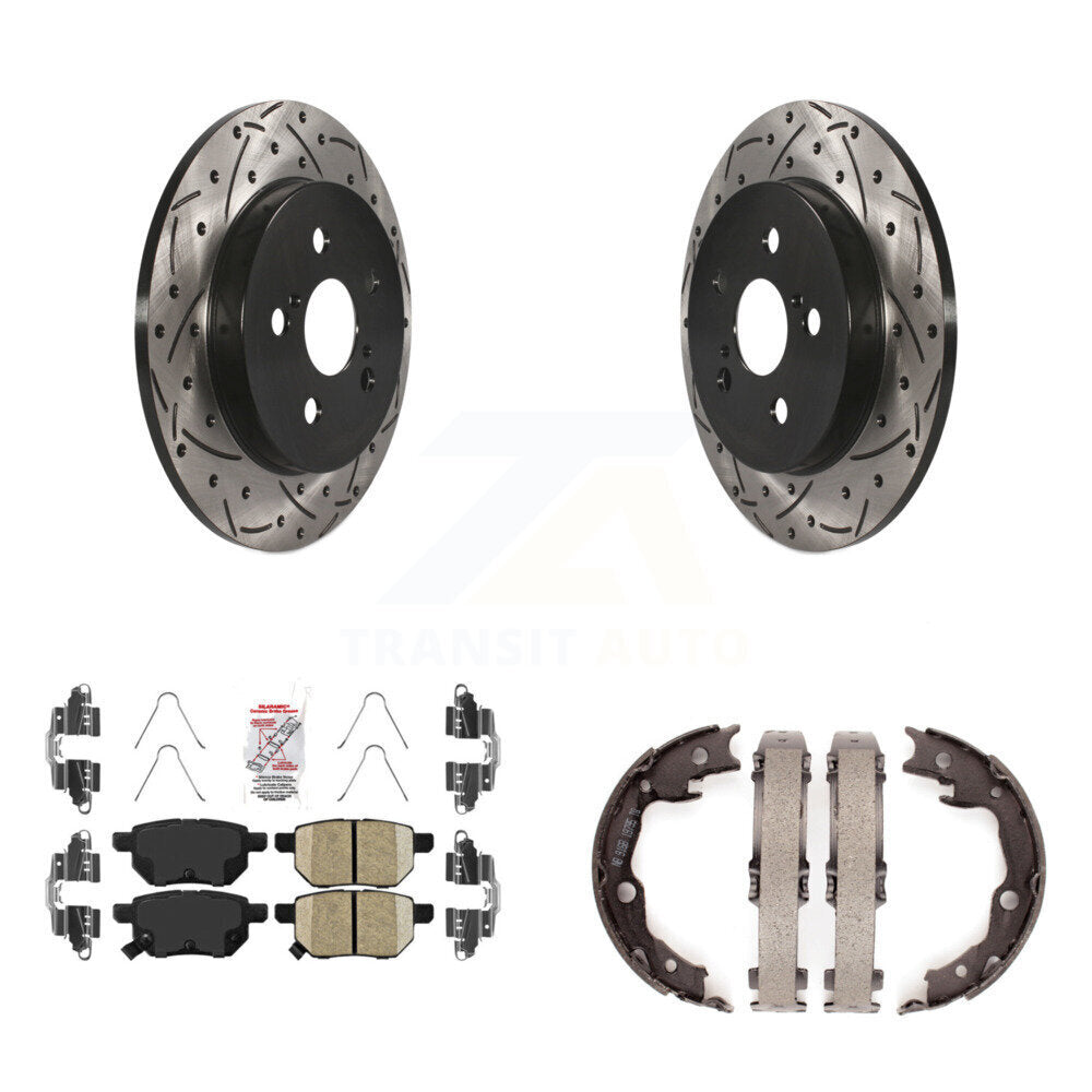 Rear Disc Drilled & Slotted Rotors Ceramic Pads Parking Shoes Kit For Toyota Matrix Vibe KDA-103539