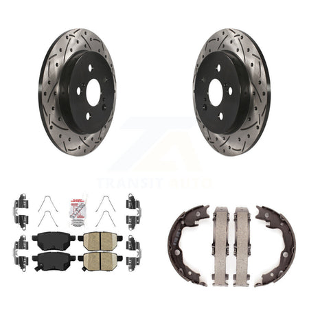 Rear Disc Drilled & Slotted Rotors Ceramic Pads Parking Shoes Kit For Toyota Matrix Vibe KDA-103539