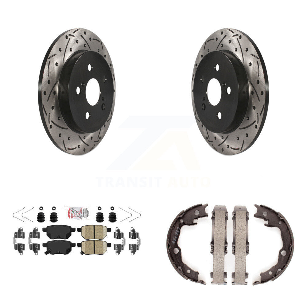 Rear Disc Drilled & Slotted Rotors Ceramic Pads Parking Shoes Kit For Toyota Matrix Vibe KDA-103540