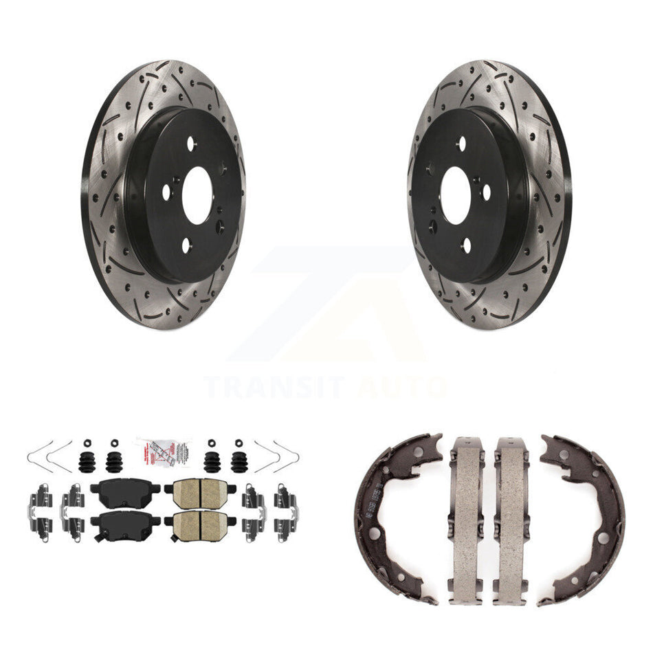 Rear Disc Drilled & Slotted Rotors Ceramic Pads Parking Shoes Kit For Toyota Matrix Vibe KDA-103540