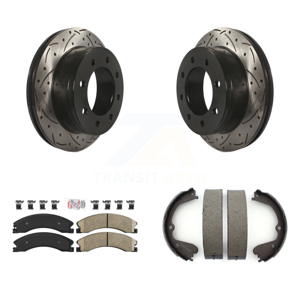 Rear Disc Drilled & Slotted Rotors Ceramic Pads And Parking Brake Shoes Kit For KDA-103541