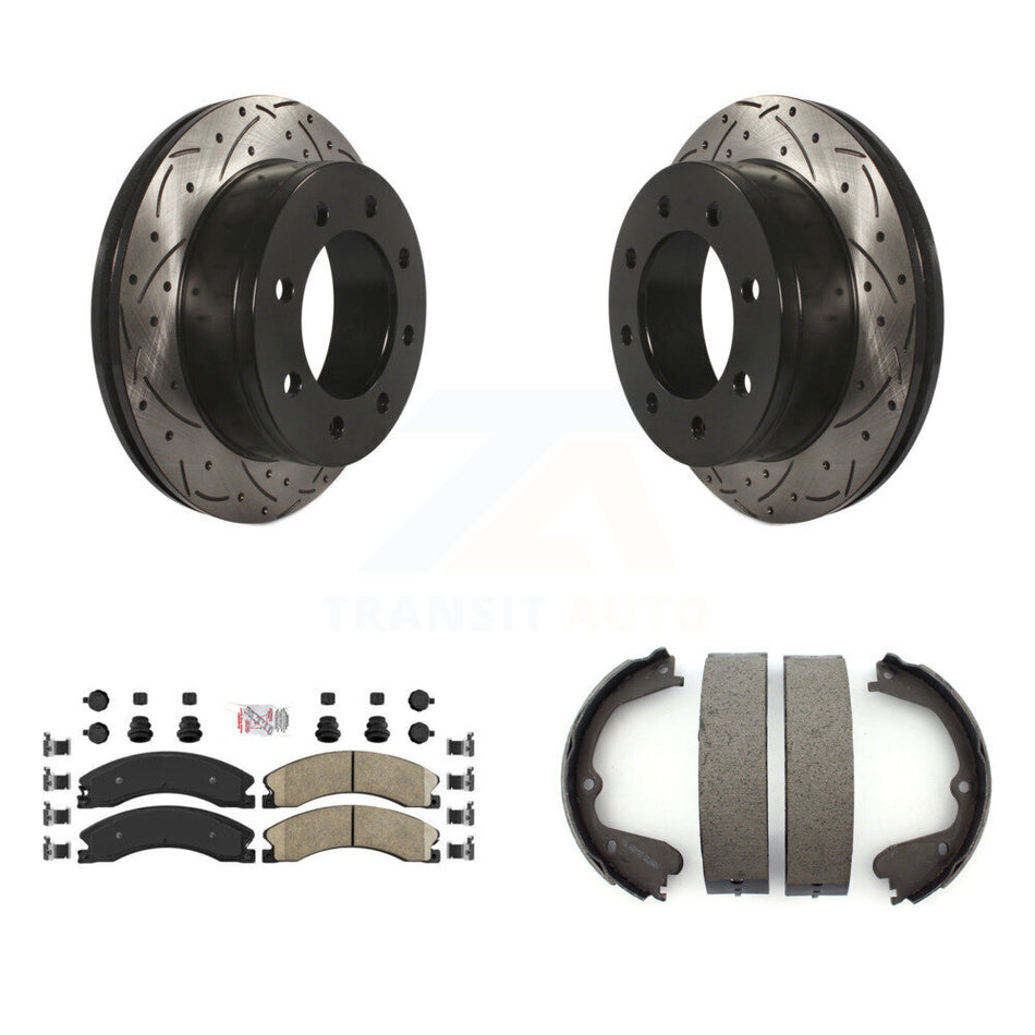 Rear Disc Drilled & Slotted Rotors Ceramic Pads And Parking Brake Shoes Kit For KDA-103542