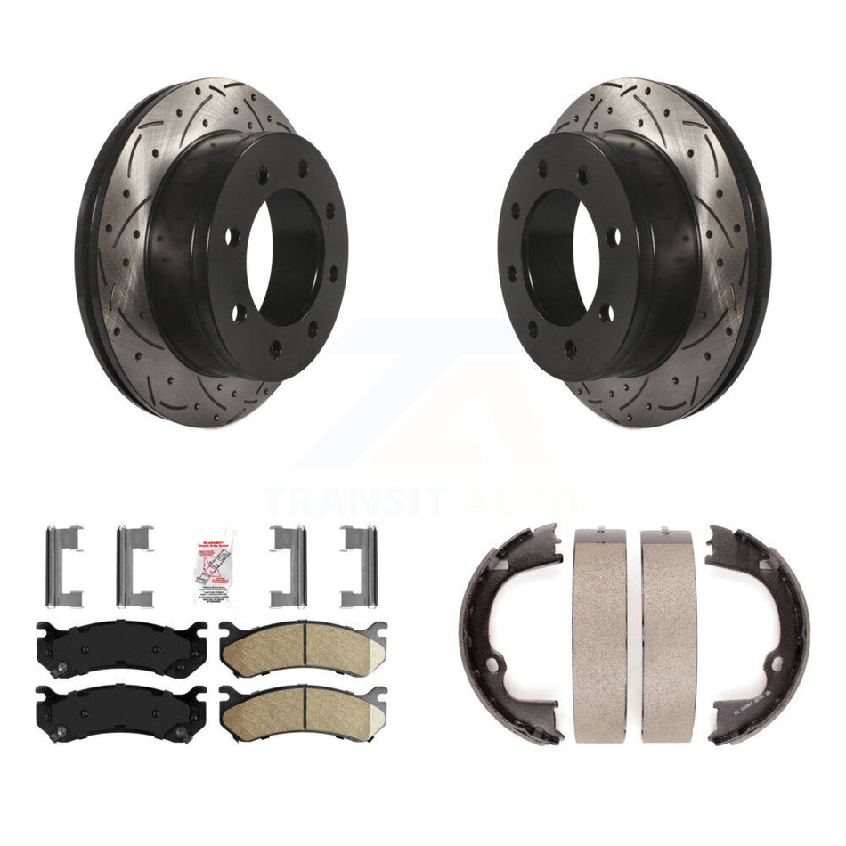 Rear Disc Drilled & Slotted Rotors Ceramic Pads Parking Shoes Kit For GMC Chevrolet 2500 KDA-103544