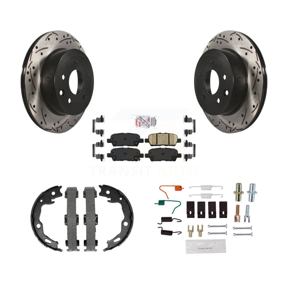 Rear Disc Drilled & Slotted Rotors Ceramic Pads Parking Brake Shoes And Hardware Kit For KDA-103546