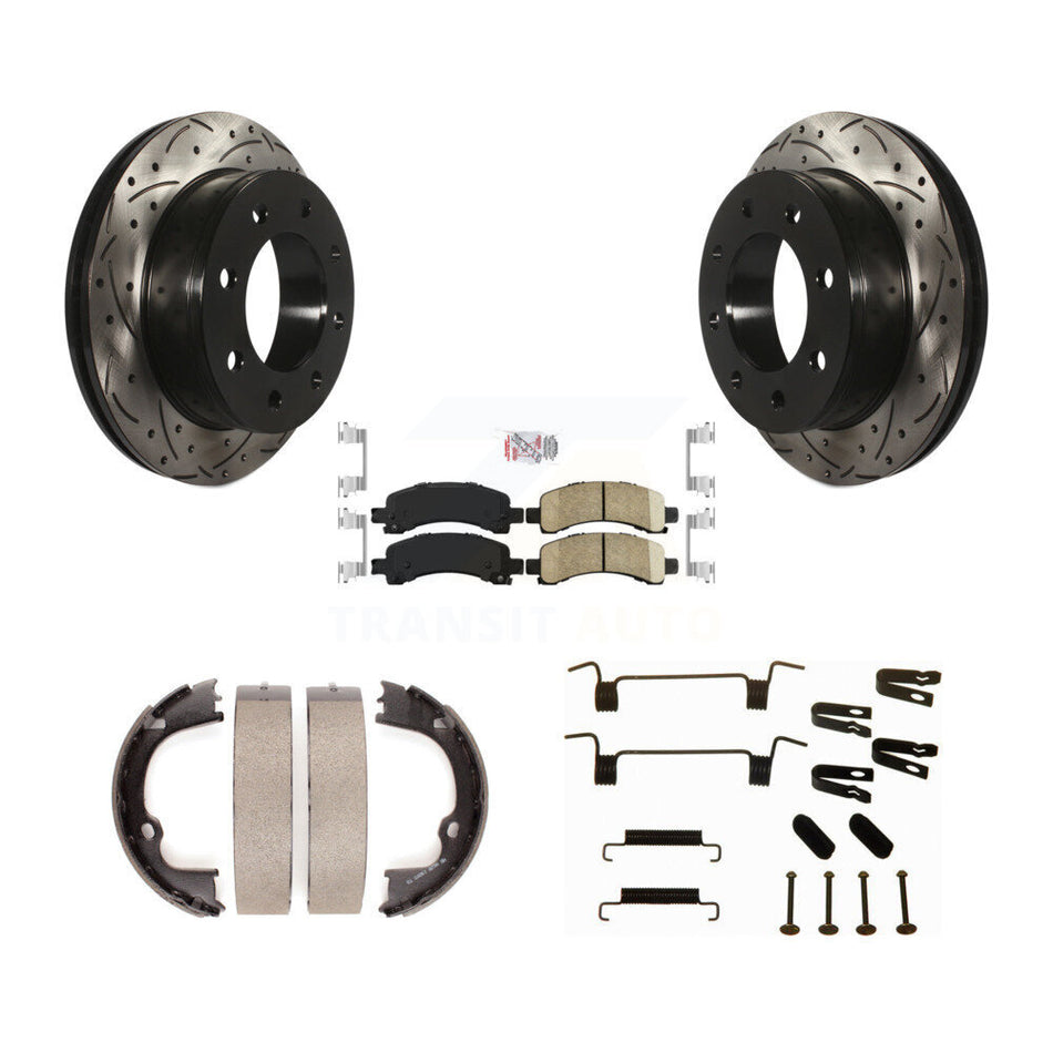 Rear Disc Drilled & Slotted Rotors Ceramic Pads Parking Shoes Hardware Kit For Chevrolet KDA-103548