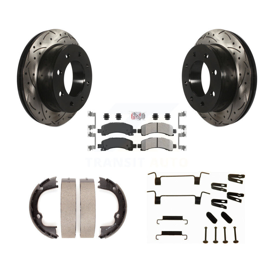 Rear Disc Drilled & Slotted Rotors Semi-Metallic Pads Parking Shoes Hardware Kit For GMC KDA-103549