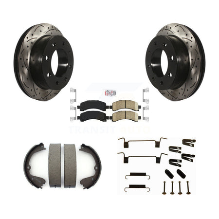 Rear Disc Drilled & Slotted Rotors Ceramic Pads Parking Brake Shoes And Hardware Kit For KDA-103552