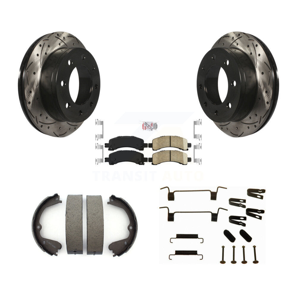 Rear Disc Drilled & Slotted Rotors Ceramic Pads Parking Brake Shoes And Hardware Kit For KDA-103554