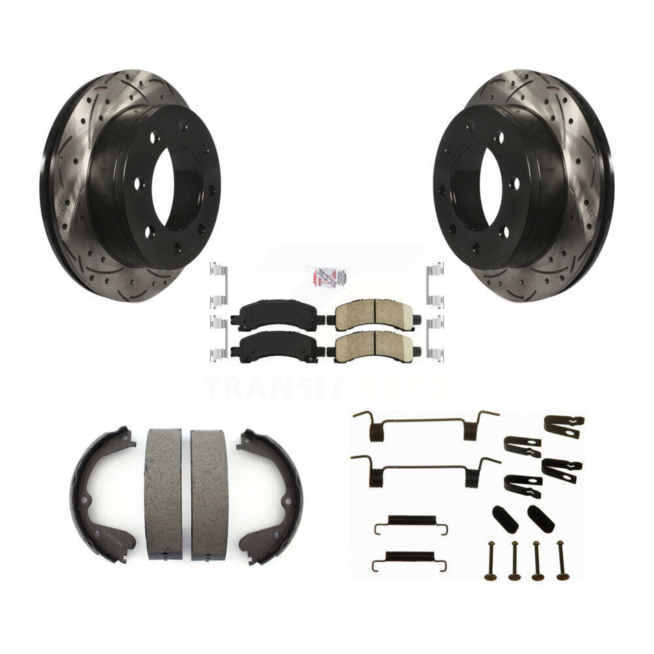 Rear Disc Drilled & Slotted Rotors Ceramic Pads Parking Brake Shoes And Hardware Kit For KDA-103554