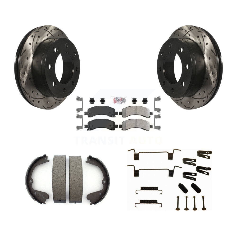 Rear Disc Drilled & Slotted Rotors Semi-Metallic Pads Parking Shoes And Hardware Kit For KDA-103555