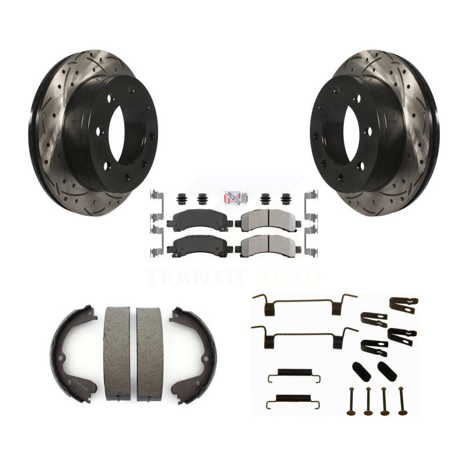 Rear Disc Drilled & Slotted Rotors Semi-Metallic Pads Parking Shoes And Hardware Kit For KDA-103555