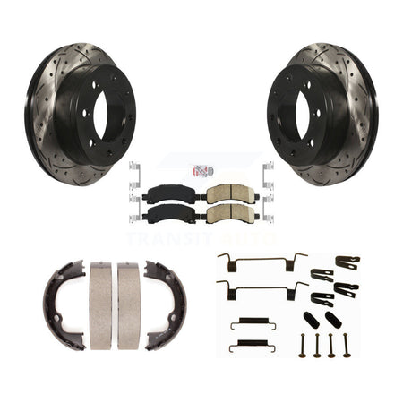 Rear Disc Drilled & Slotted Rotors Ceramic Pads Parking Shoes Hardware Kit For Chevrolet KDA-103558