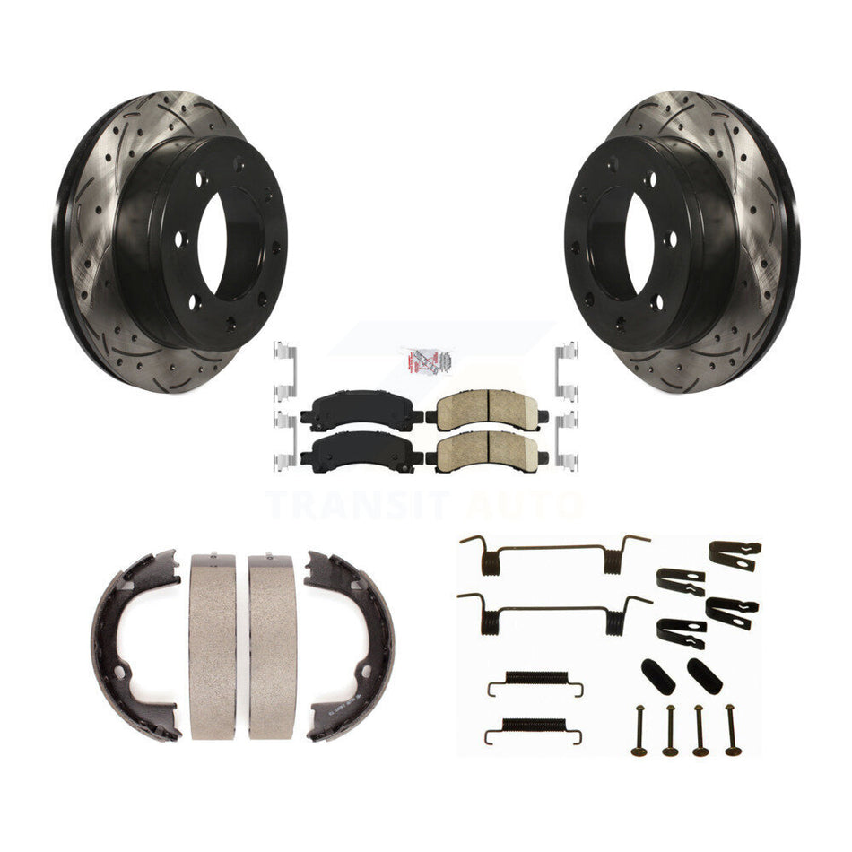 Rear Disc Drilled & Slotted Rotors Ceramic Pads Parking Shoes Hardware Kit For Chevrolet KDA-103558