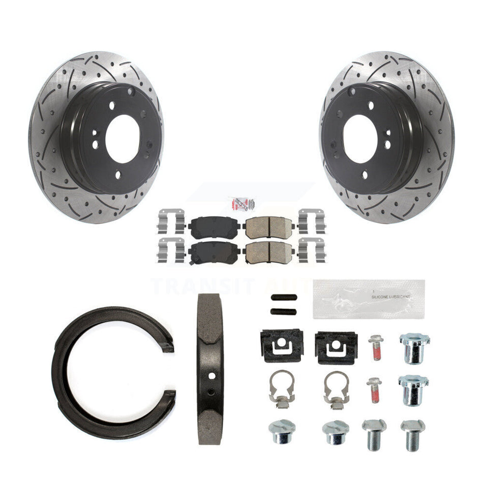 Rear Disc Drilled & Slotted Rotors Ceramic Pads Parking Shoes Hardware Kit For Hyundai KDA-103562