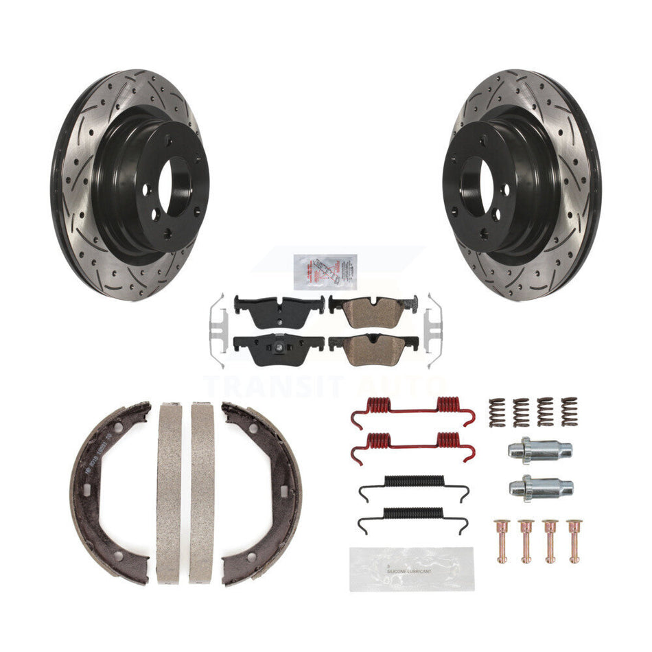 Rear Disc Drilled & Slotted Rotors Semi-Metallic Pads Parking Shoes And Hardware Kit For KDA-103567