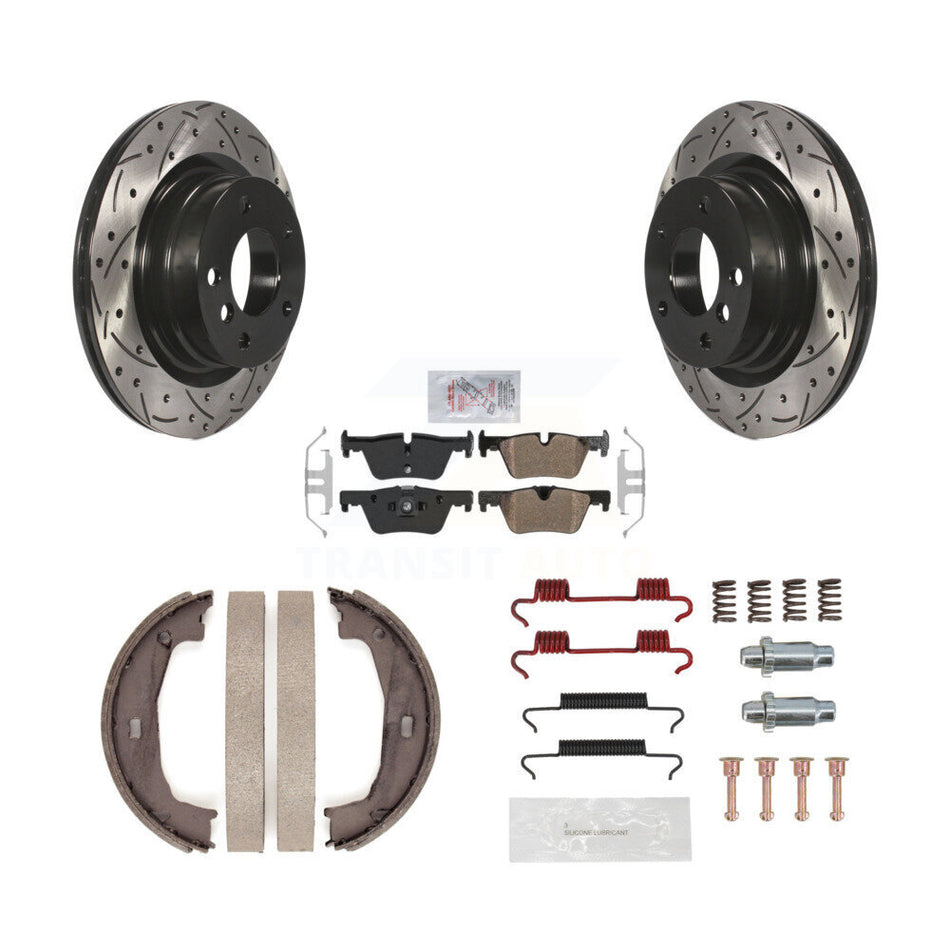 Rear Disc Drilled & Slotted Rotors Semi-Metallic Pads Parking Shoes Hardware Kit For BMW KDA-103568