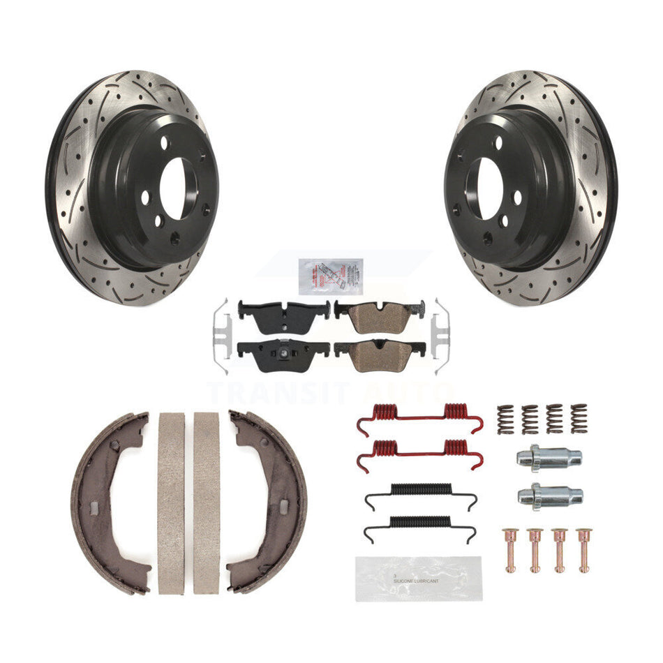 Rear Disc Drilled & Slotted Rotors Semi-Metallic Pads Parking Shoes Hardware Kit For BMW KDA-103570
