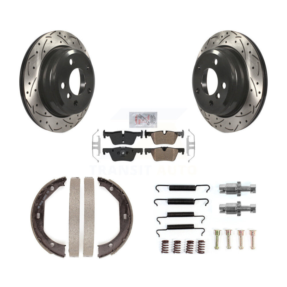 Rear Disc Drilled & Slotted Rotors Semi-Metallic Pads Parking Shoes Hardware Kit For BMW KDA-103571