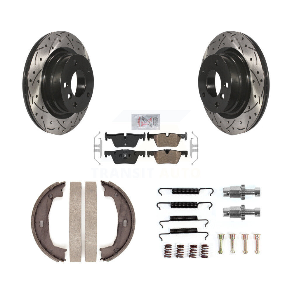 Rear Disc Drilled & Slotted Rotors Semi-Metallic Pads Parking Shoes And Hardware Kit For KDA-103574