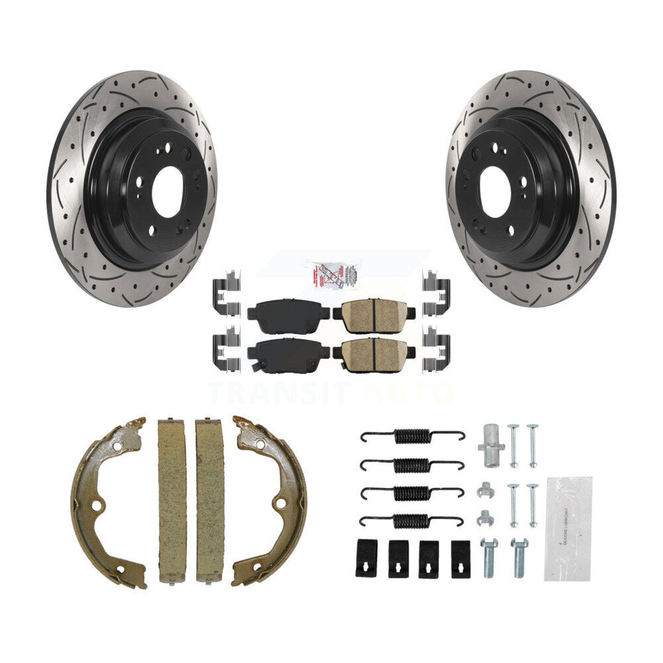 Rear Disc Drilled & Slotted Rotors Ceramic Pads Parking Shoes Hardware Kit For Acura TL KDA-103576