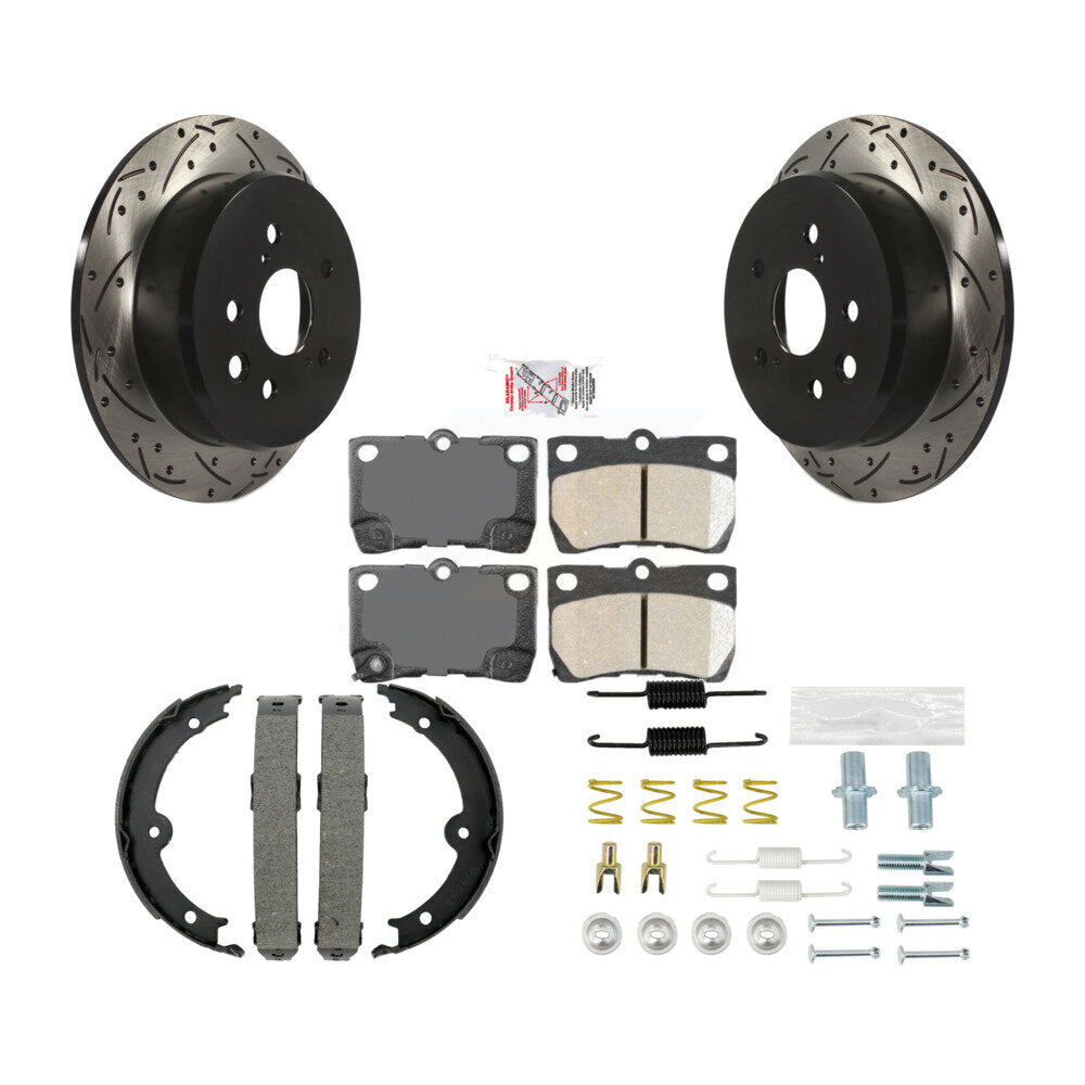 Rear Disc Drilled & Slotted Rotors Ceramic Pads Parking Brake Shoes And Hardware Kit For KDA-103581