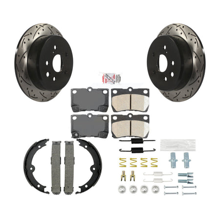 Rear Disc Drilled & Slotted Rotors Ceramic Pads Parking Brake Shoes And Hardware Kit For KDA-103581