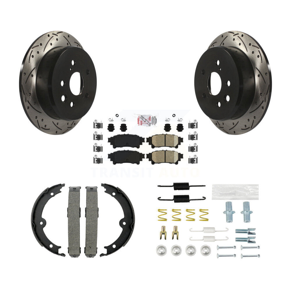Rear Disc Drilled & Slotted Rotors Ceramic Pads Parking Brake Shoes And Hardware Kit For KDA-103582
