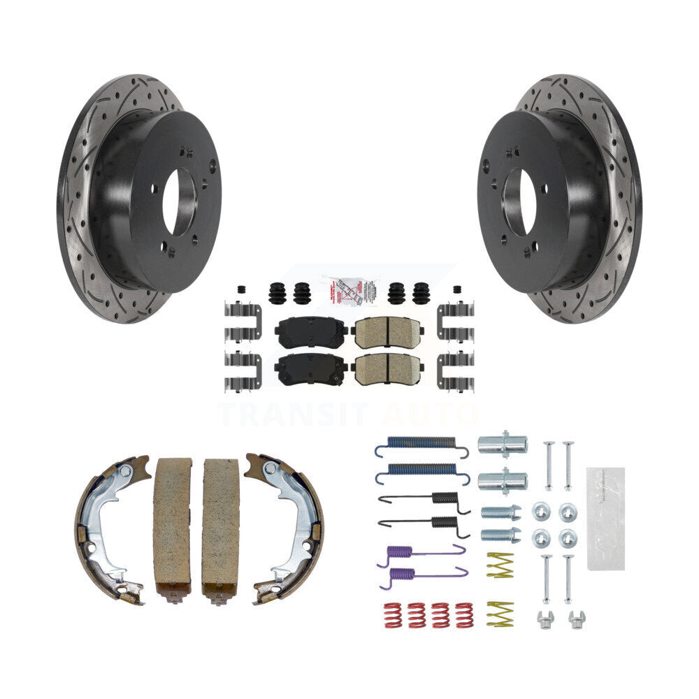 Rear Disc Drilled & Slotted Rotors Ceramic Pads Parking Shoes Hardware Kit For Hyundai KDA-103584