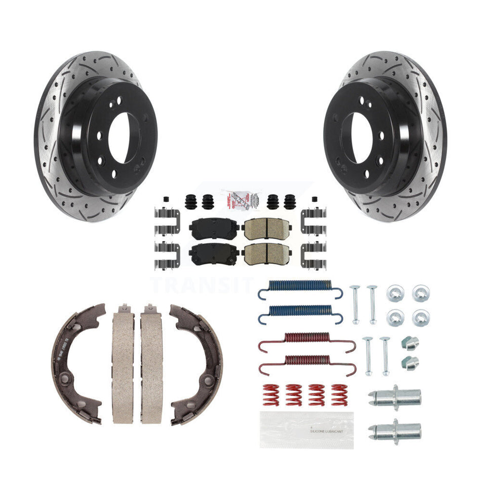 Rear Disc Drilled & Slotted Rotors Ceramic Pads Parking Brake Shoes And Hardware Kit For KDA-103586