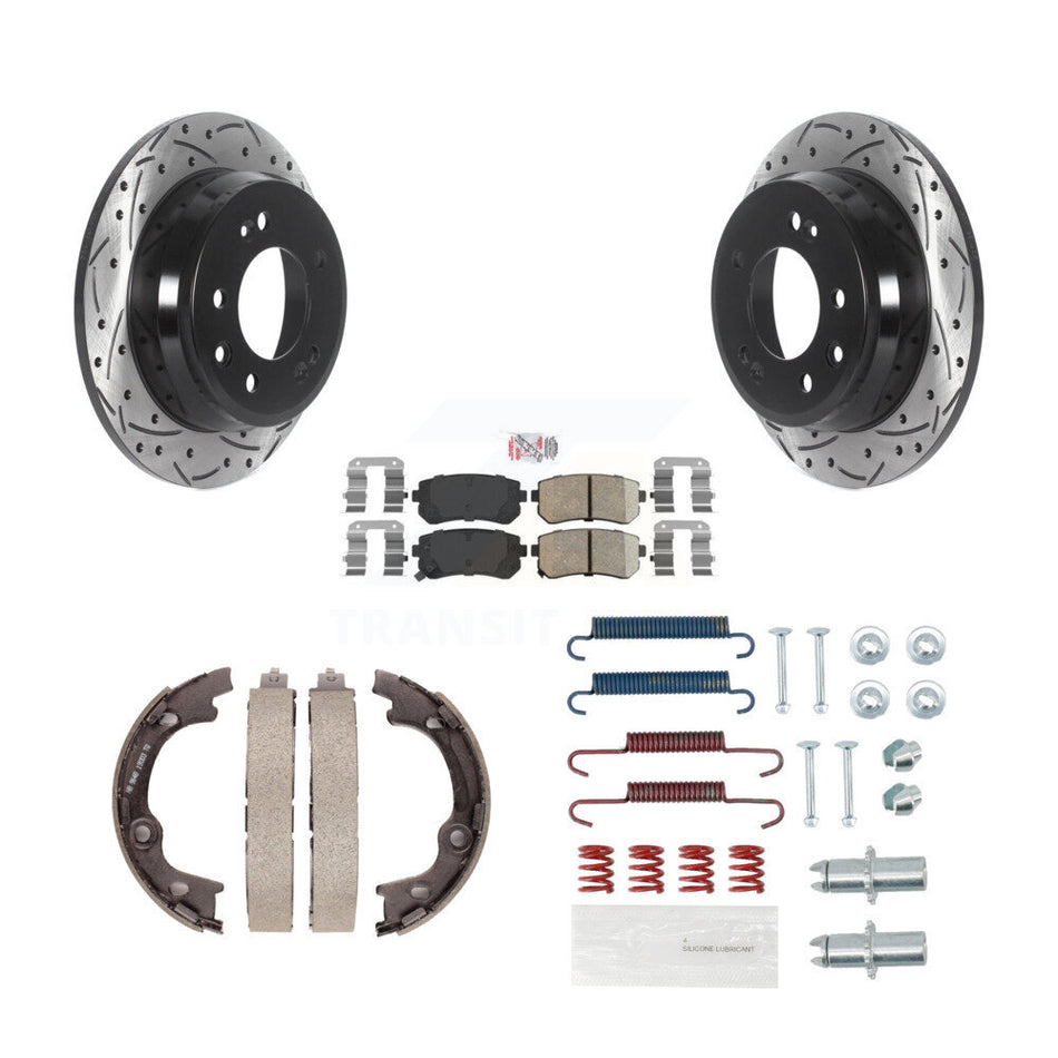 Rear Disc Drilled & Slotted Rotors Ceramic Pads Parking Brake Shoes And Hardware Kit For KDA-103587