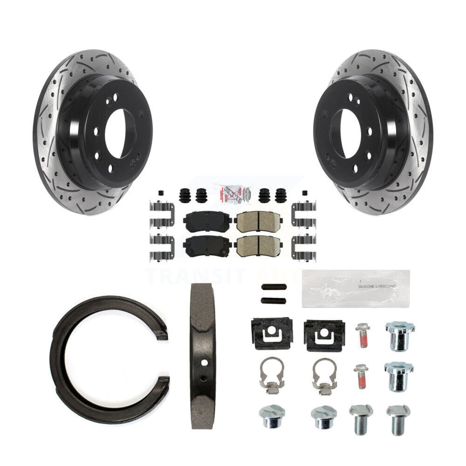 Rear Disc Drilled & Slotted Rotors Ceramic Pads Parking Brake Shoes And Hardware Kit For KDA-103588