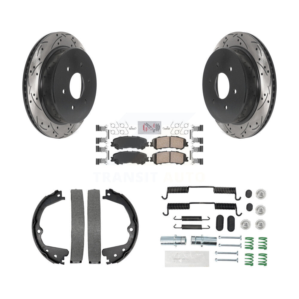 Rear Disc Drilled & Slotted Rotors Ceramic Pads Parking Brake Shoes And Hardware Kit For KDA-103592
