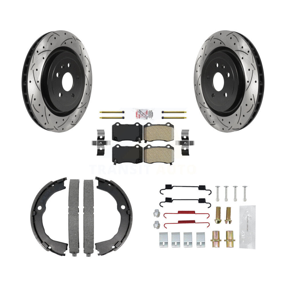Rear Disc Drilled & Slotted Rotors Semi-Metallic Pads Parking Shoes Hardware Kit For CTS KDA-103595