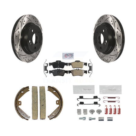 Rear Disc Drilled & Slotted Rotors Semi-Metallic Pads Parking Shoes And Hardware Kit For KDA-103605