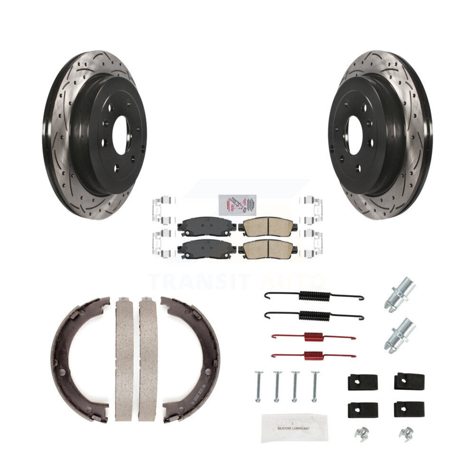 Rear Disc Drilled & Slotted Rotors Ceramic Pads Parking Shoes Hardware Kit For GMC Acadia KDA-103608