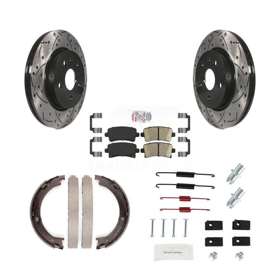 Rear Disc Drilled & Slotted Rotors Ceramic Pads Parking Brake Shoes And Hardware Kit For KDA-103610