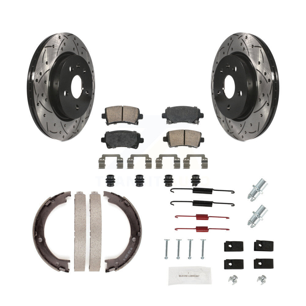 Rear Disc Drilled & Slotted Rotors Ceramic Pads Parking Brake Shoes And Hardware Kit For KDA-103611