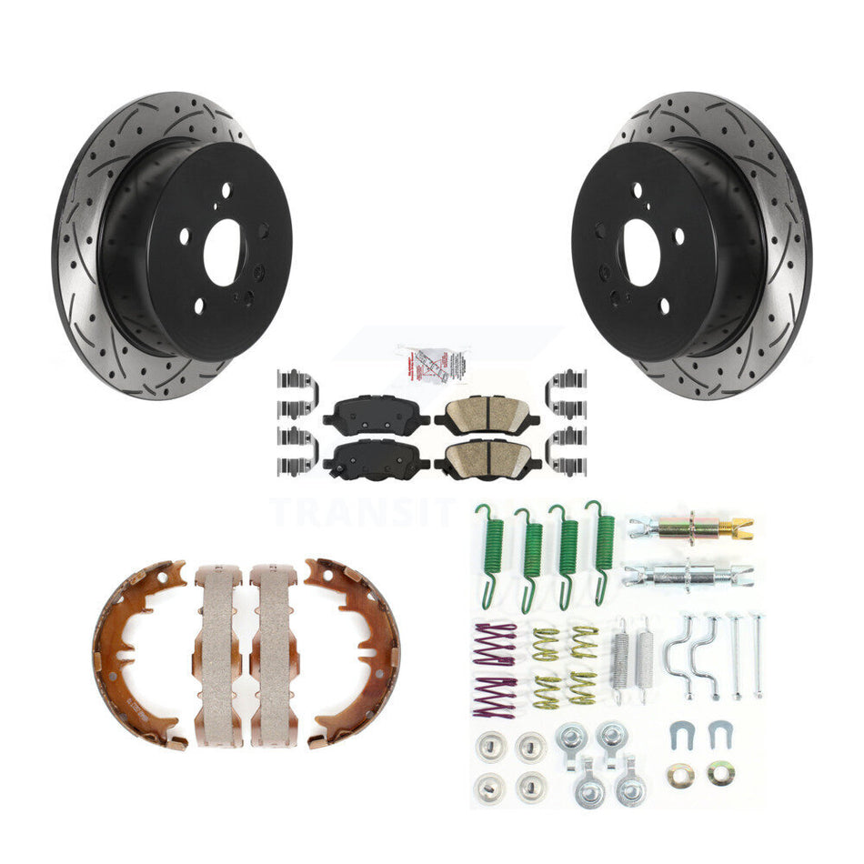 Rear Disc Drilled & Slotted Rotors Ceramic Pads Parking Brake Shoes And Hardware Kit For KDA-103615