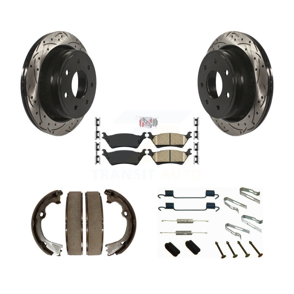 Rear Disc Drilled & Slotted Rotors Ceramic Pads Parking Shoes Hardware Kit For Ford F-150 KDA-103616