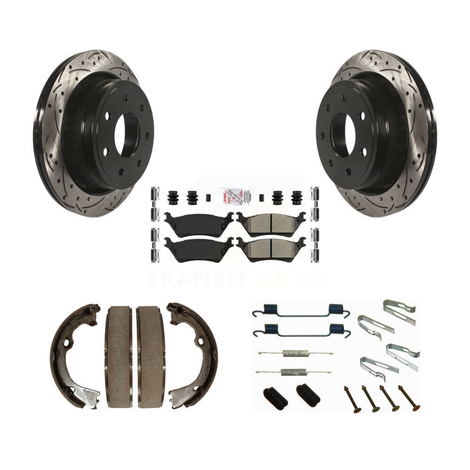 Rear Disc Drilled & Slotted Rotors Semi-Metallic Pads Parking Shoes And Hardware Kit For KDA-103618