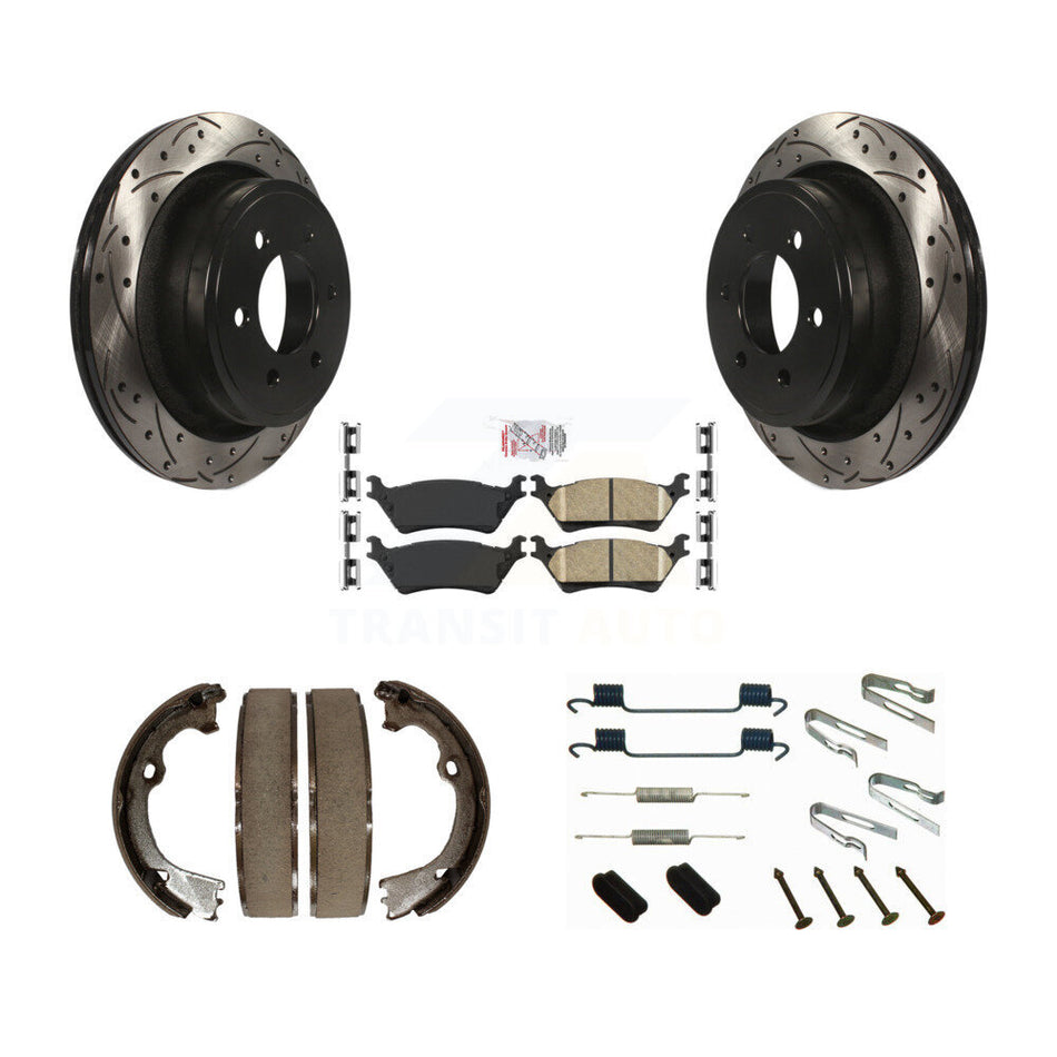 Rear Disc Drilled & Slotted Rotors Ceramic Pads Parking Shoes Hardware Kit For Ford F-150 KDA-103619