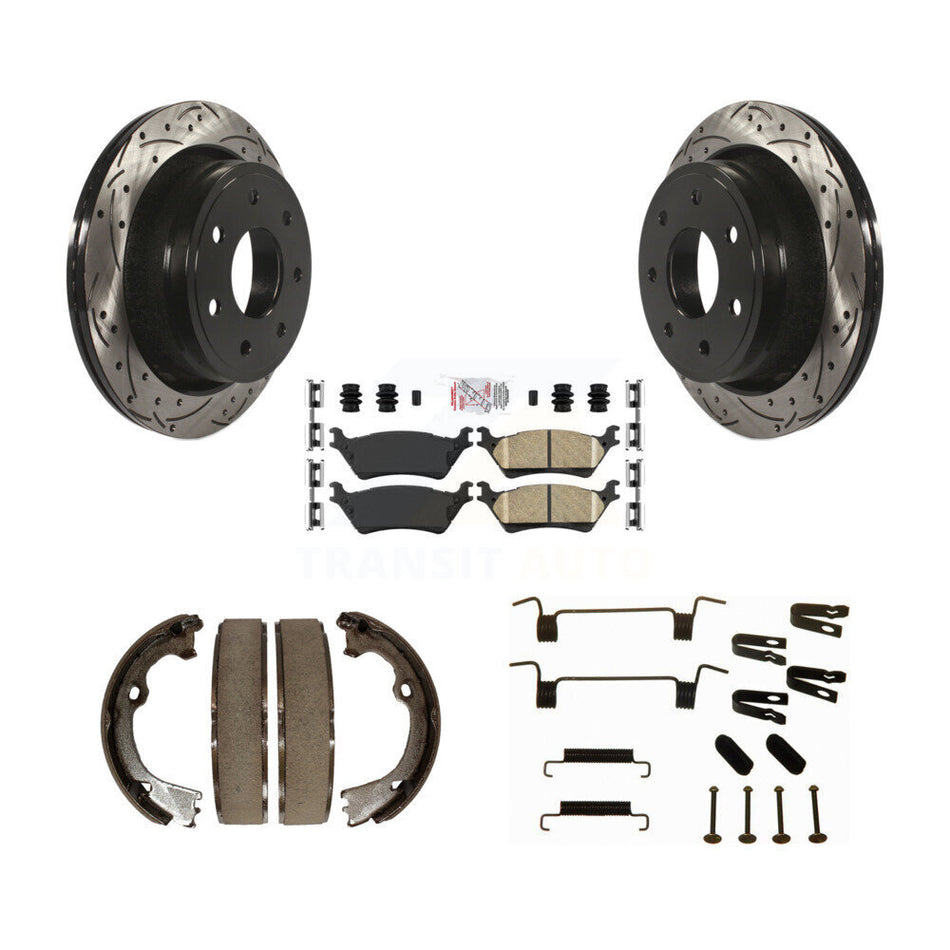 Rear Disc Drilled & Slotted Rotors Ceramic Pads Parking Shoes Hardware Kit For Ford F-150 KDA-103623