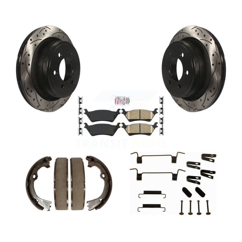 Rear Disc Drilled & Slotted Rotors Ceramic Pads Parking Shoes Hardware Kit For Ford F-150 KDA-103625