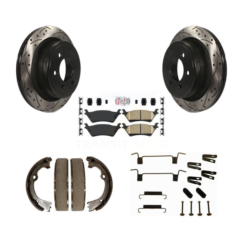Rear Disc Drilled & Slotted Rotors Ceramic Pads Parking Shoes Hardware Kit For Ford F-150 KDA-103626