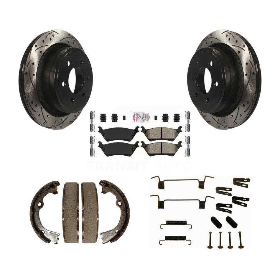 Rear Disc Drilled & Slotted Rotors Semi-Metallic Pads Parking Shoes And Hardware Kit For KDA-103627