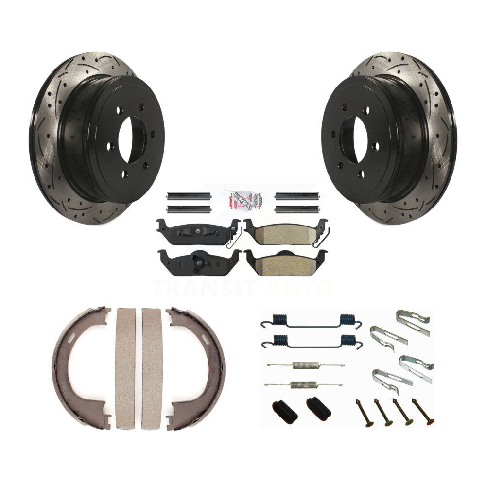 Rear Disc Drilled & Slotted Rotors Semi-Metallic Pads Parking Shoes Hardware Kit For Ford KDA-103628