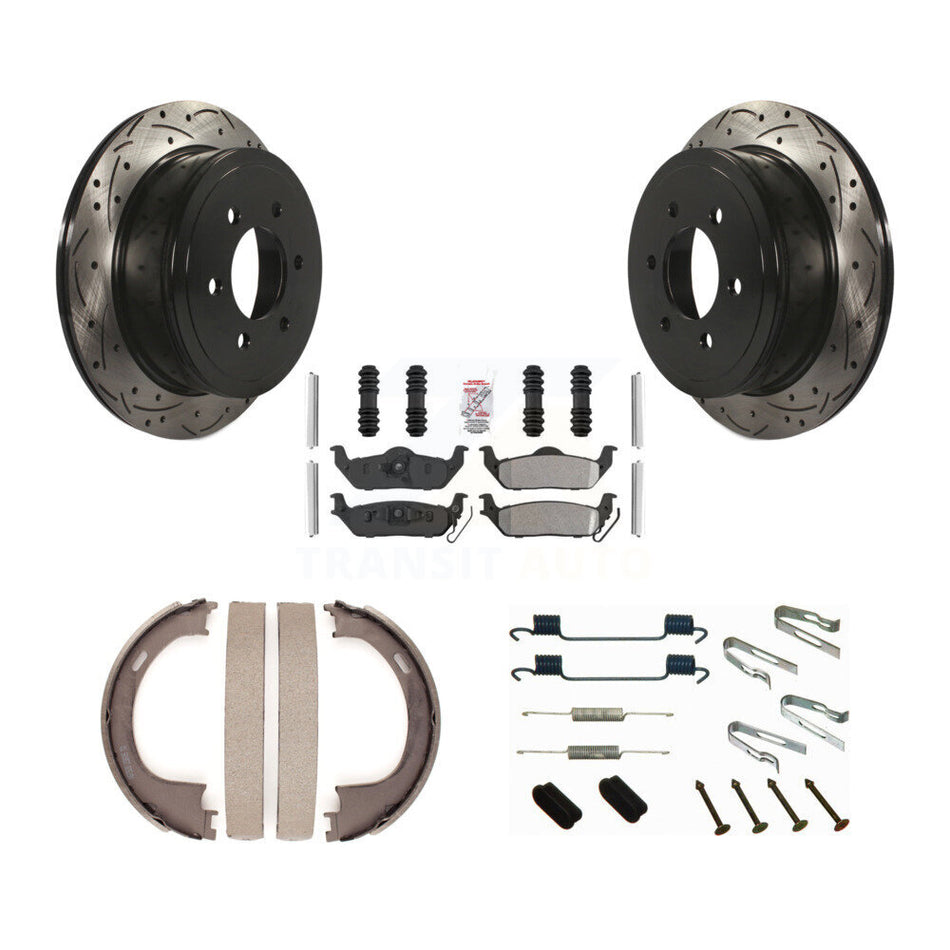 Rear Disc Drilled & Slotted Rotors Semi-Metallic Pads Parking Shoes Hardware Kit For Ford KDA-103629